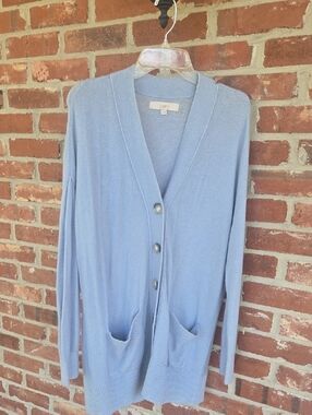 LOFT Light Blue V-Neck Button Cardigan with Pockets